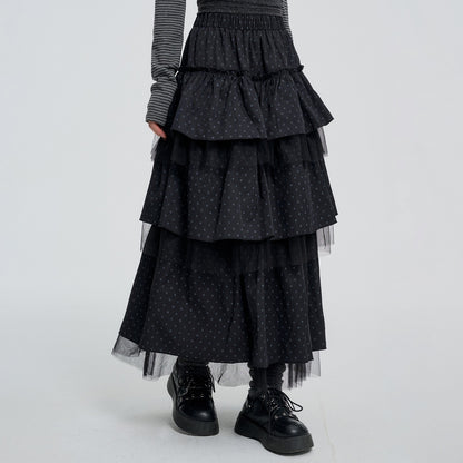 VEEMIX_Gray_Polka_Dot_Mesh_Spliced_Tiered_Ruffle_Women&