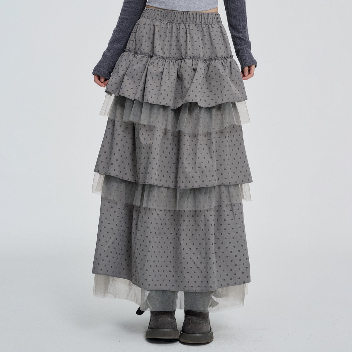 VEEMIX_Gray_Polka_Dot_Mesh_Spliced_Tiered_Ruffle_Women&