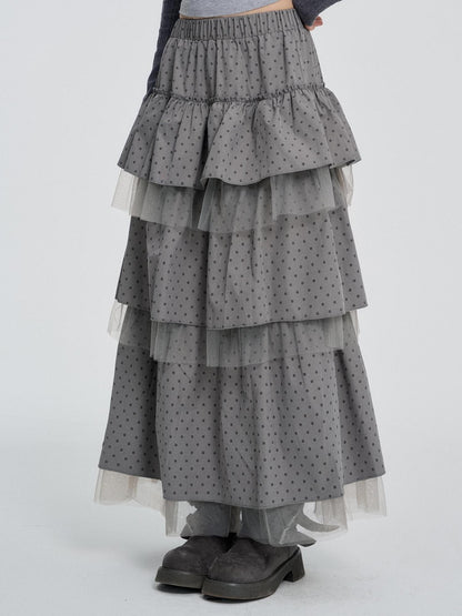 VEEMIX Gray Polka Dot Mesh Spliced Tiered Ruffle Women&