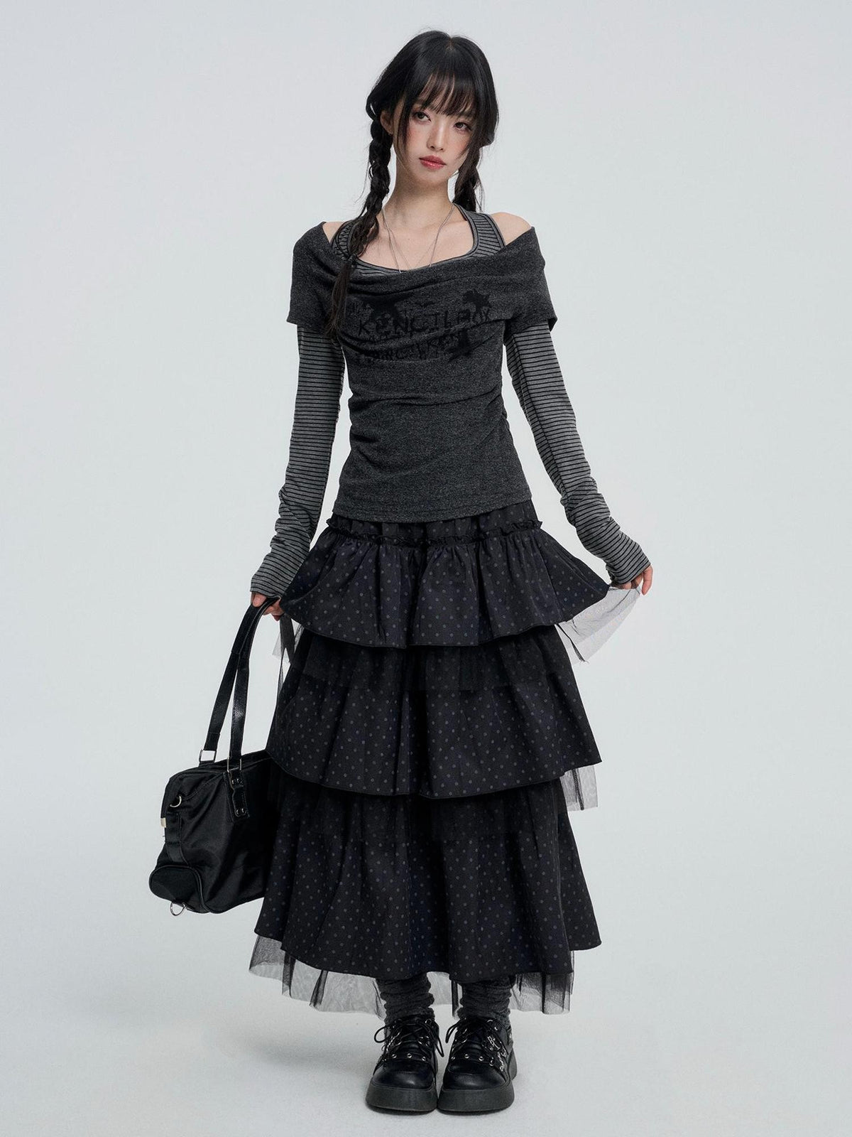 VEEMIX Gray Polka Dot Mesh Spliced Tiered Ruffle Women&