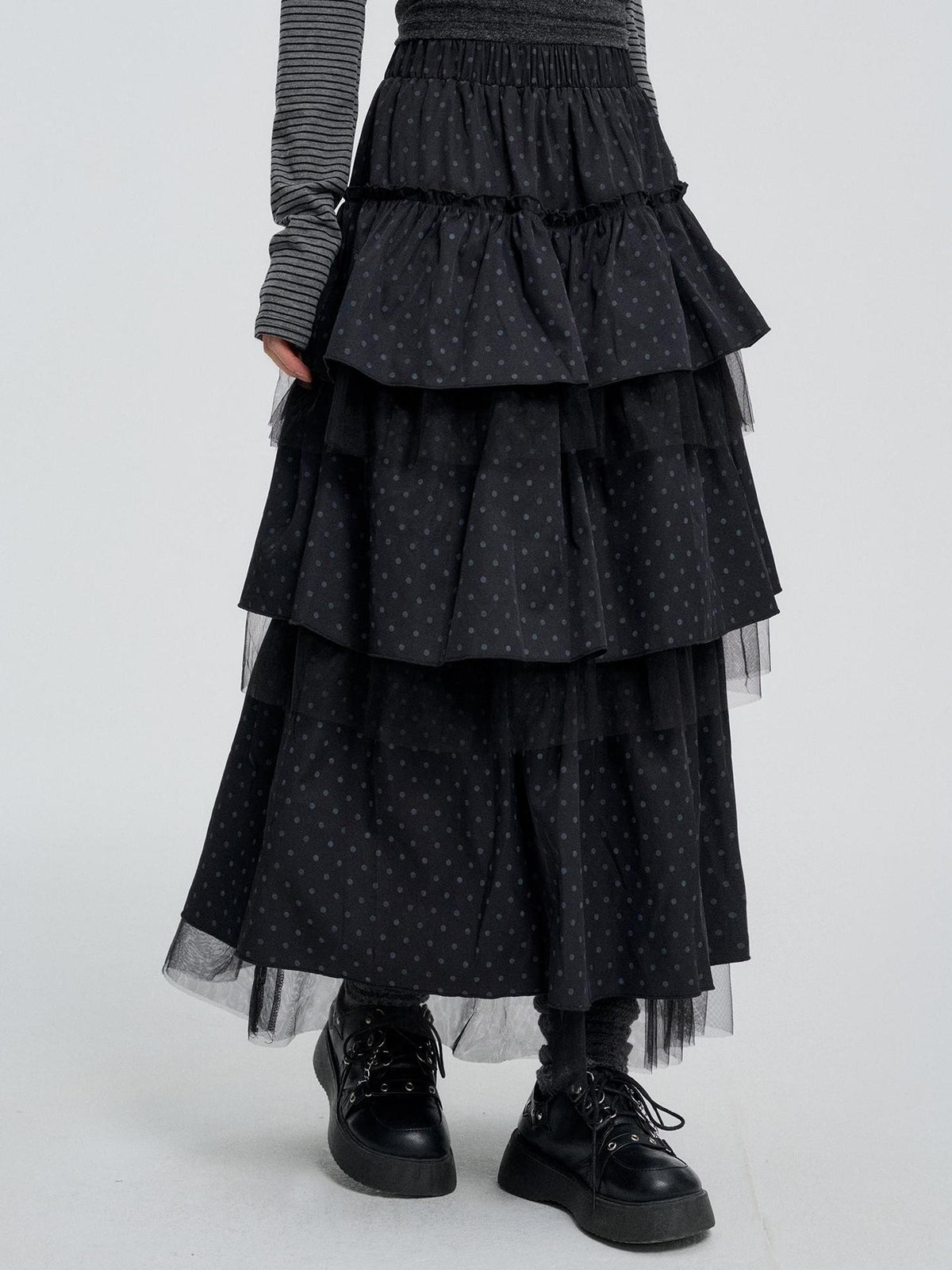 VEEMIX Gray Polka Dot Mesh Spliced Tiered Ruffle Women&