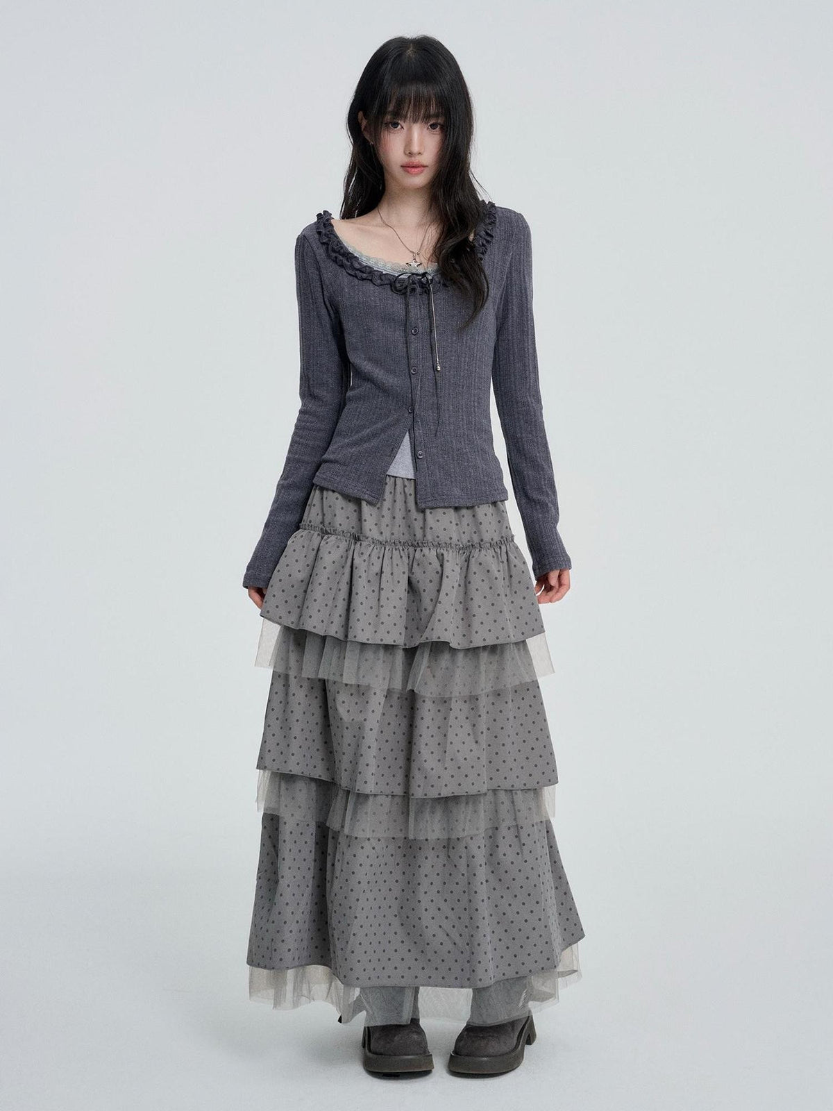 VEEMIX Gray Polka Dot Mesh Spliced Tiered Ruffle Women&