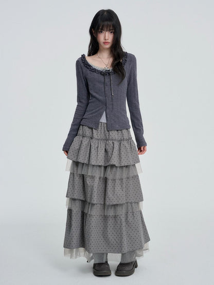 VEEMIX Gray Polka Dot Mesh Spliced Tiered Ruffle Women&