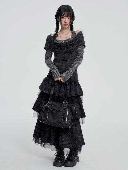 VEEMIX Gray Polka Dot Mesh Spliced Tiered Ruffle Women&