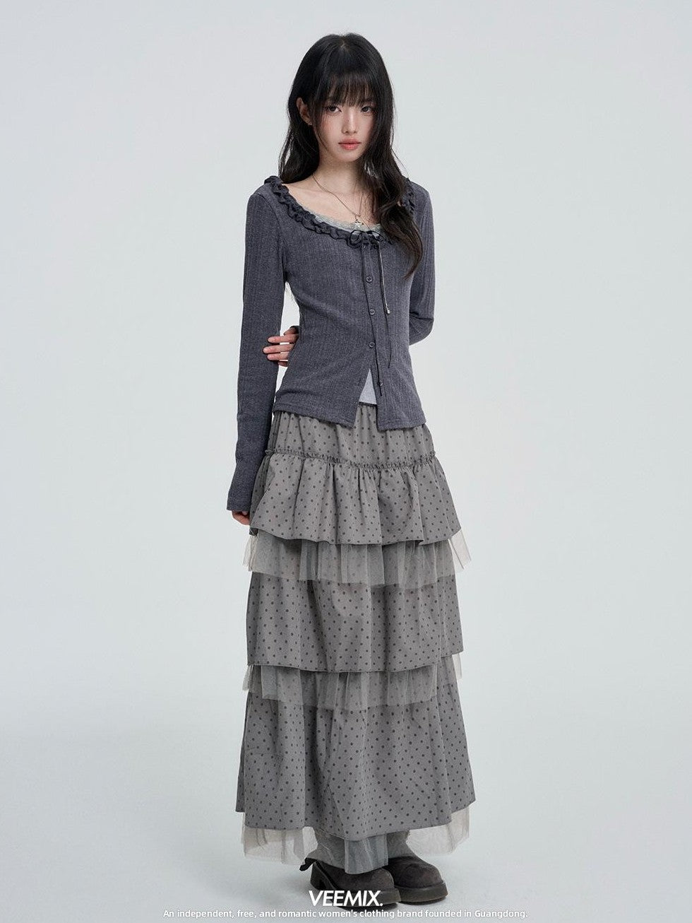 VEEMIX Gray Polka Dot Mesh Spliced Tiered Ruffle Women&