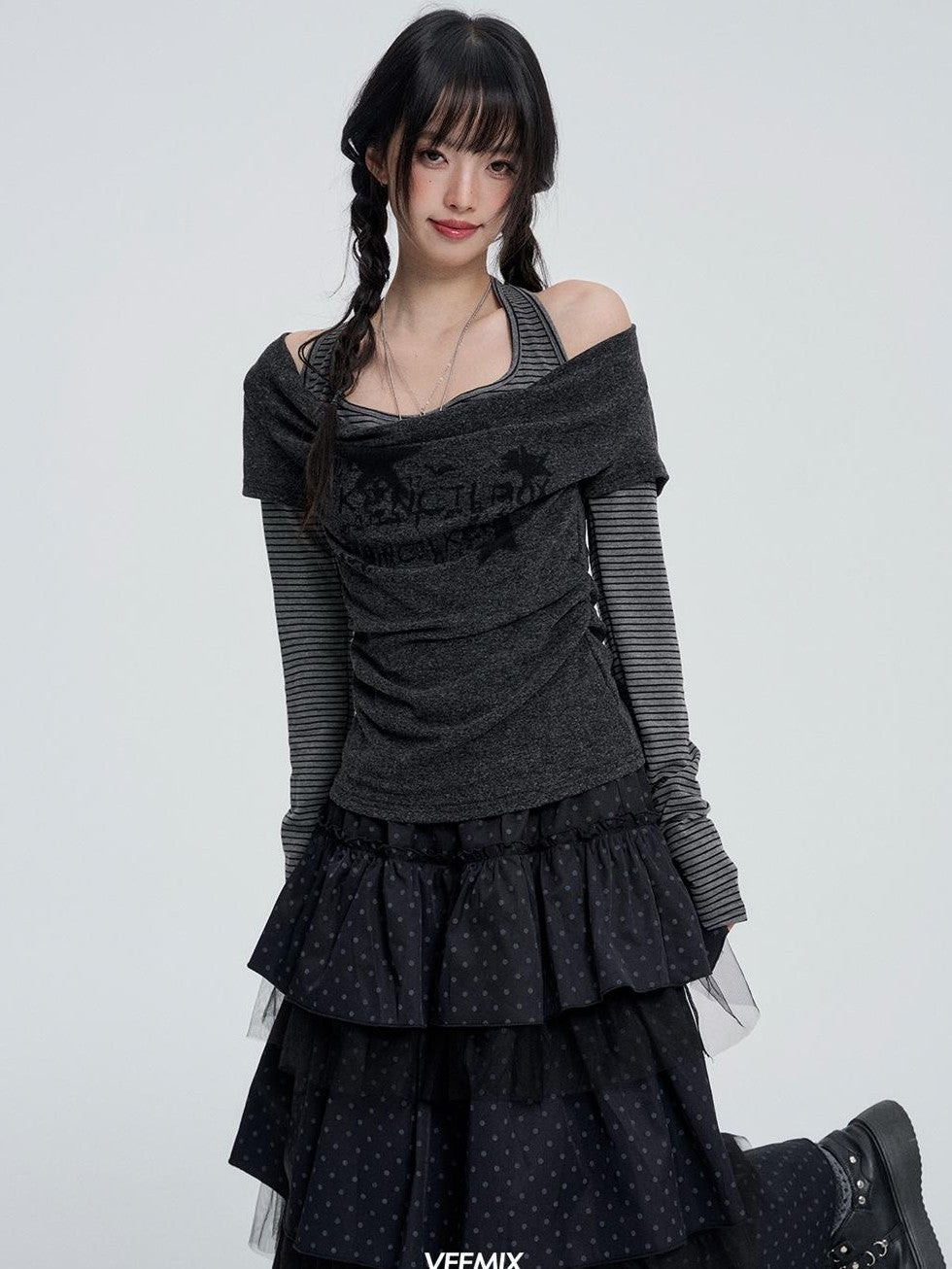 VEEMIX Gray Polka Dot Mesh Spliced Tiered Ruffle Women&