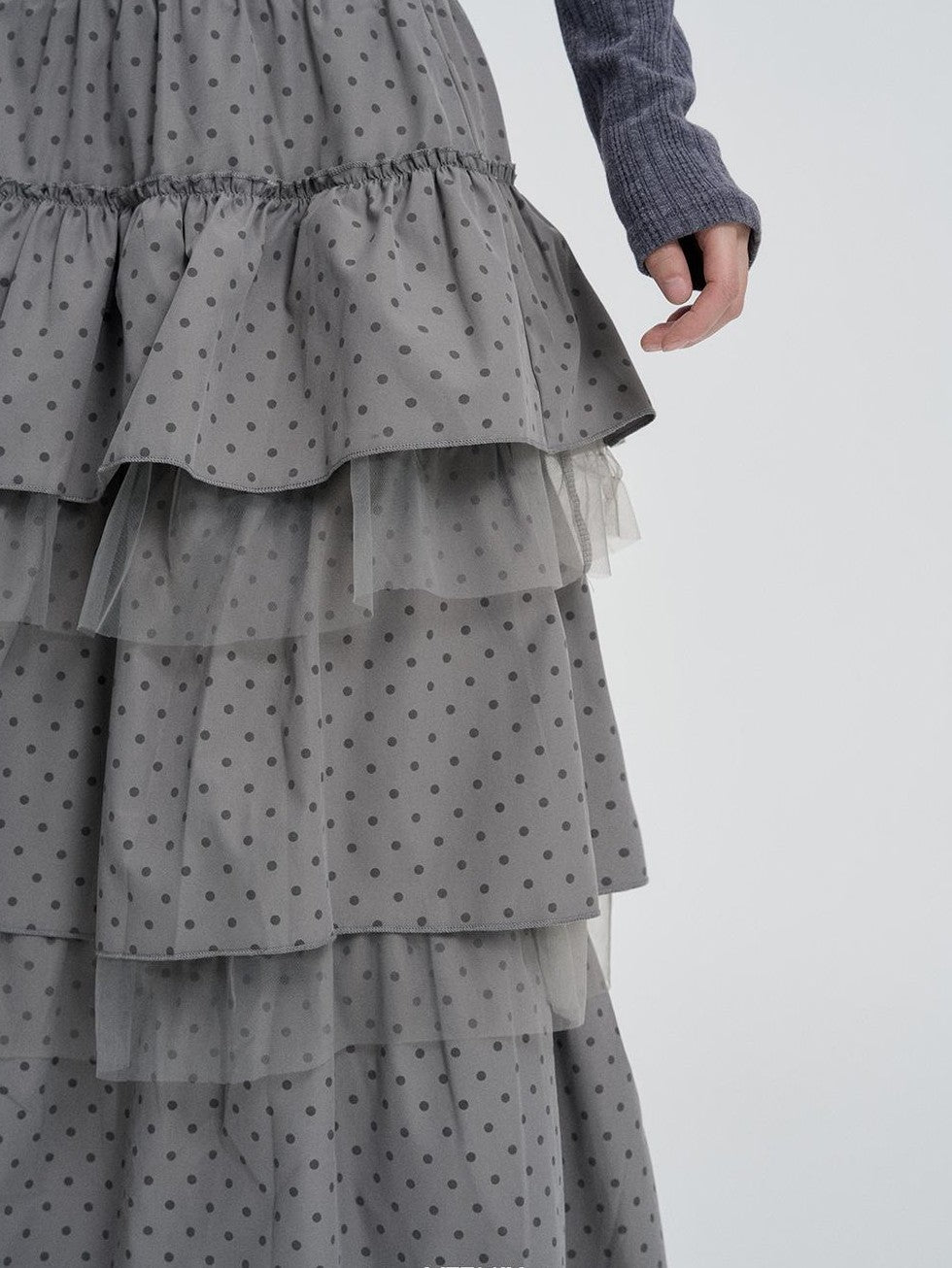 VEEMIX Gray Polka Dot Mesh Spliced Tiered Ruffle Women&