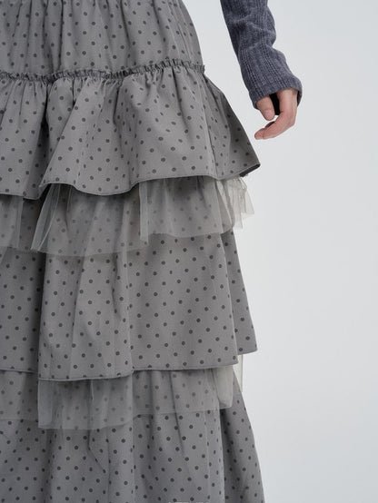 VEEMIX Gray Polka Dot Mesh Spliced Tiered Ruffle Women&