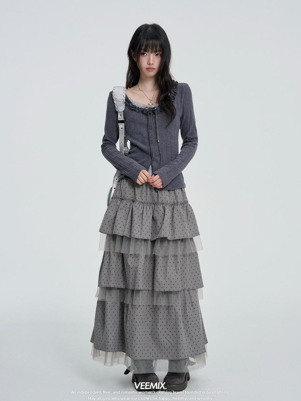 VEEMIX Gray Polka Dot Mesh Spliced Tiered Ruffle Women&