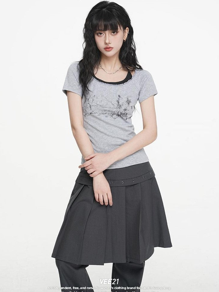 VEEMIX Gray Print Lace Faux Layered Halter Slim Fit Women&