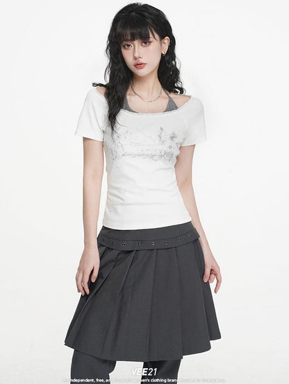VEEMIX Gray Print Lace Faux Layered Halter Slim Fit Women&