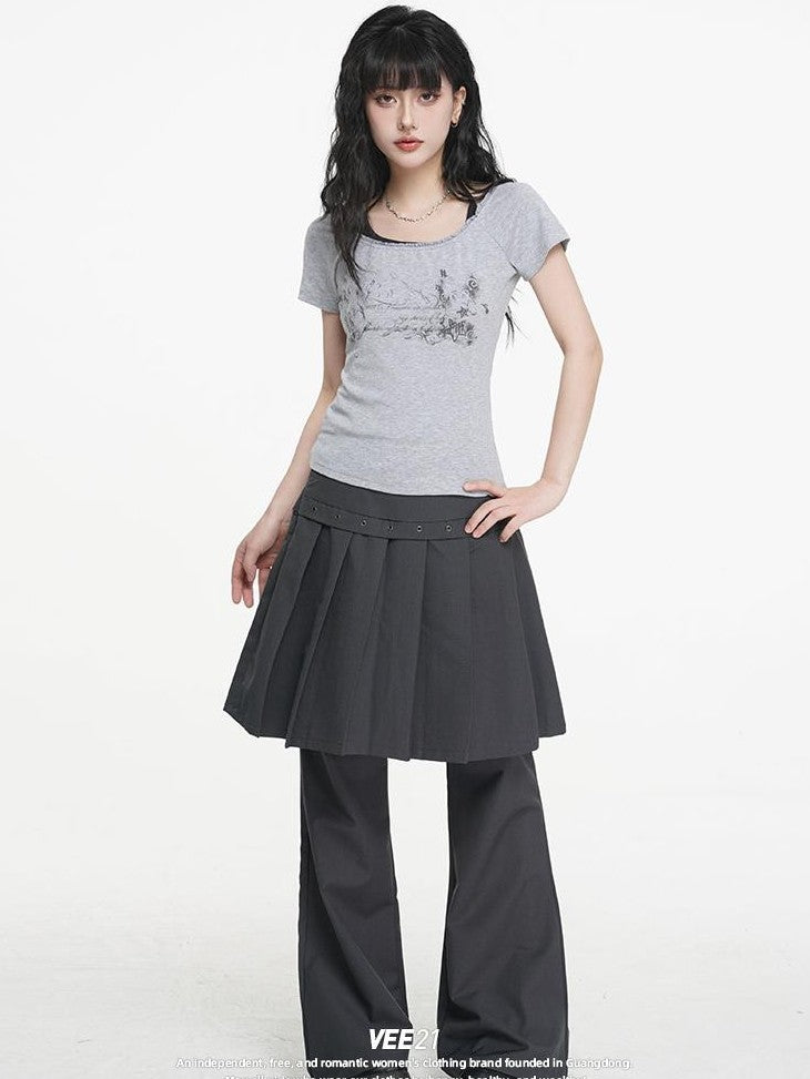 VEEMIX Gray Print Lace Faux Layered Halter Slim Fit Women&