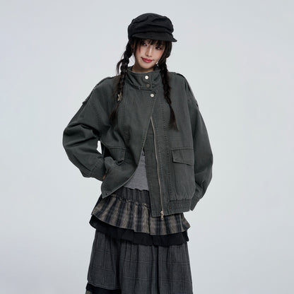 VEEMIX_Gray_Zip_Button_Loose_Drop_Shoulder_Sleeve_Cotton_Blend_Women&