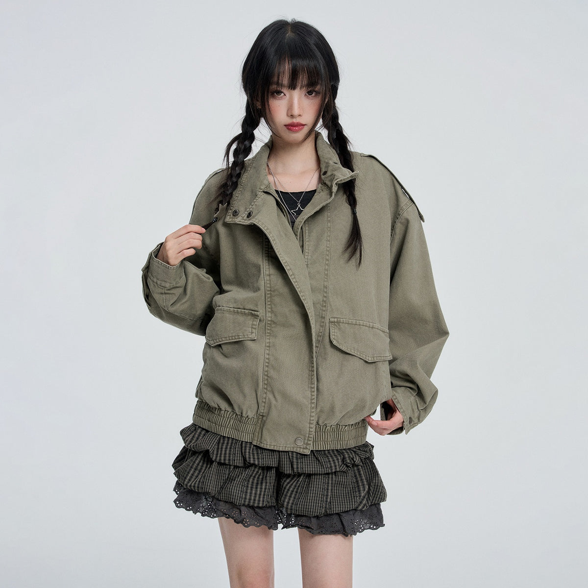 VEEMIX_Gray_Zip_Button_Loose_Drop_Shoulder_Sleeve_Cotton_Blend_Women&