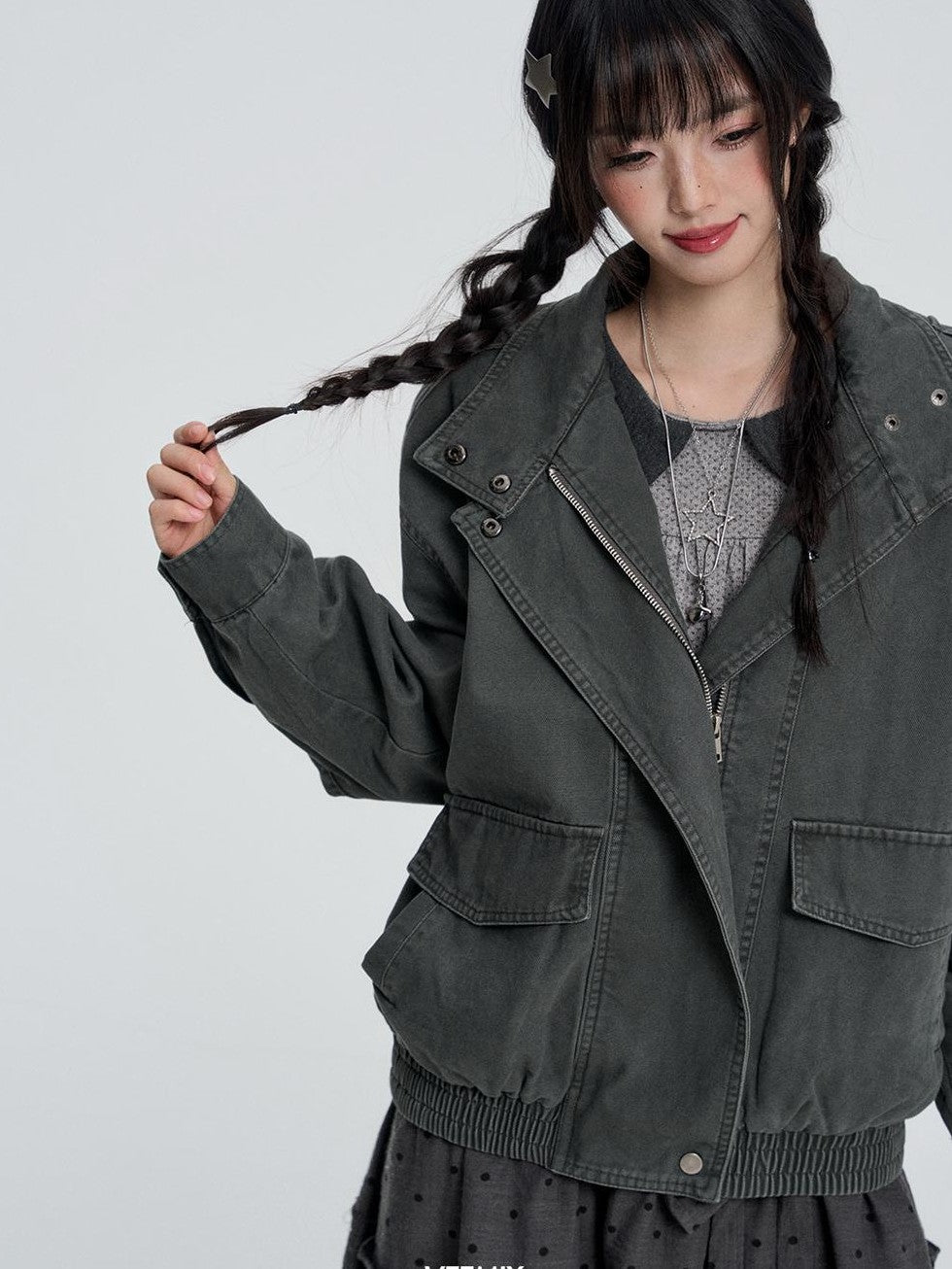 VEEMIX Gray Zip Button Loose Drop Shoulder Sleeve Cotton Blend Women&