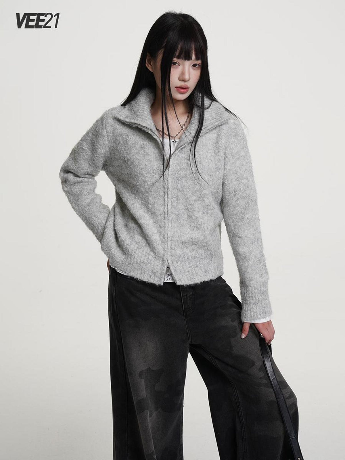 VEEMIX Gray Zip Up Stand Collar Thick Knit Women&