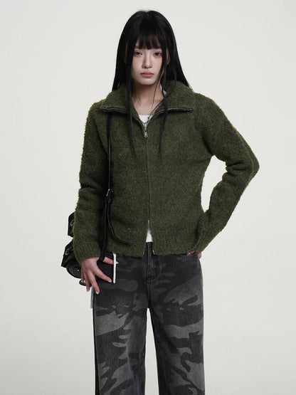 VEEMIX Gray Zip Up Stand Collar Thick Knit Women&