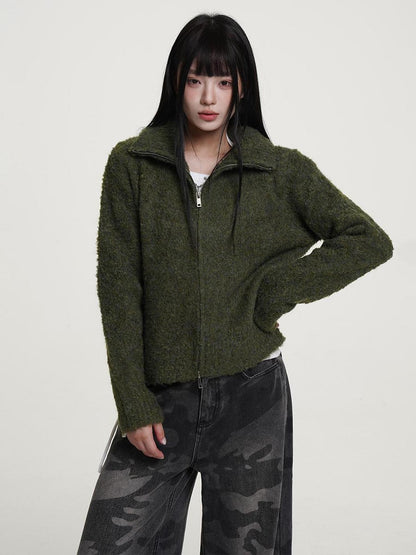 VEEMIX Gray Zip Up Stand Collar Thick Knit Women&