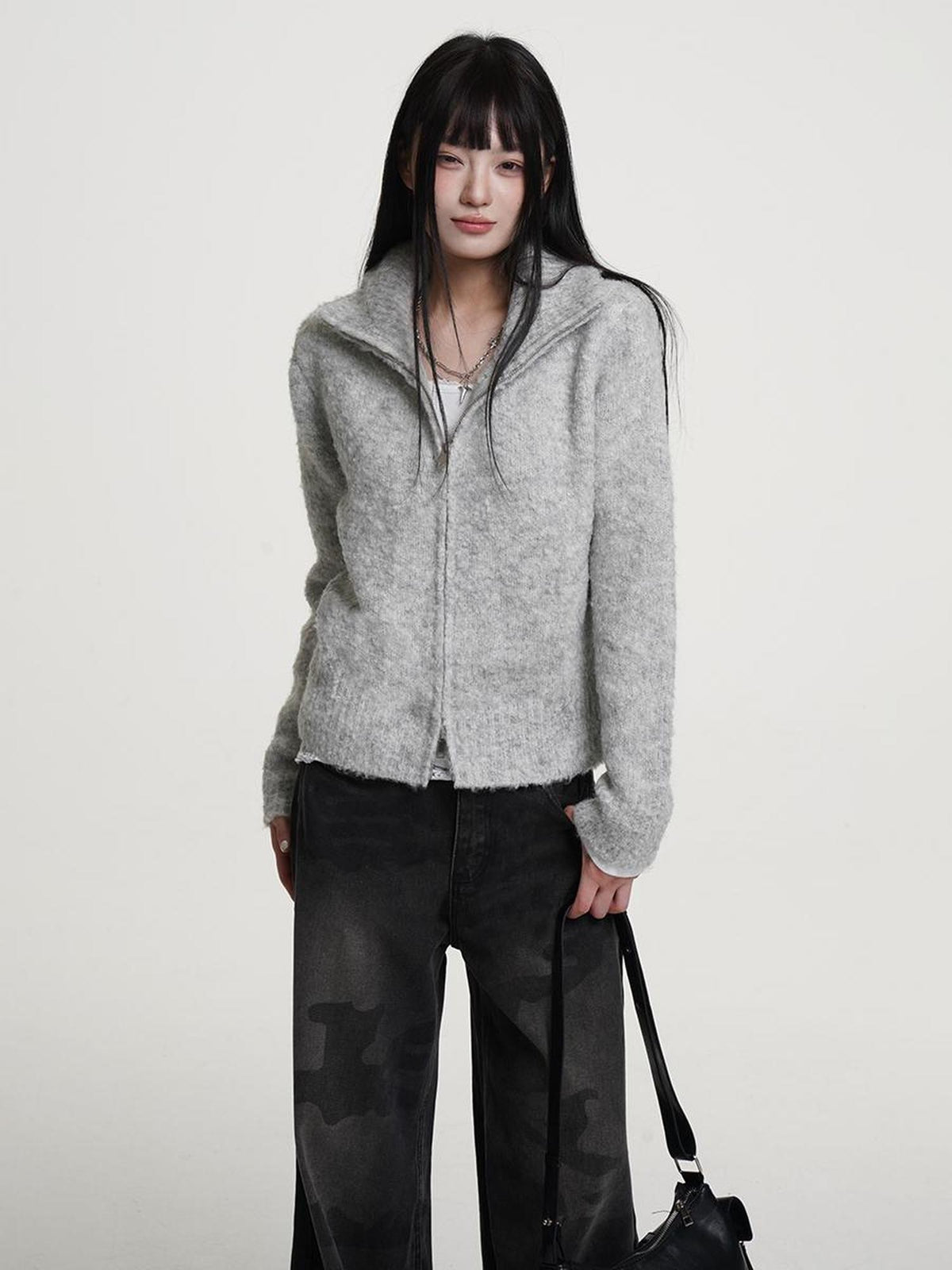 VEEMIX Gray Zip Up Stand Collar Thick Knit Women&