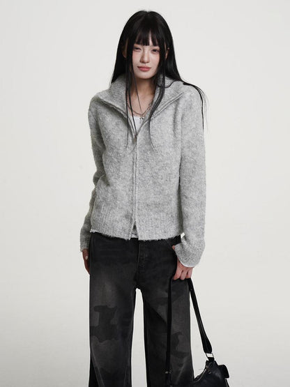 VEEMIX Gray Zip Up Stand Collar Thick Knit Women&