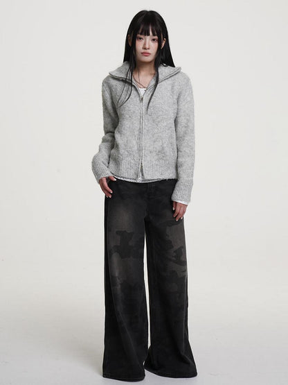 VEEMIX Gray Zip Up Stand Collar Thick Knit Women&