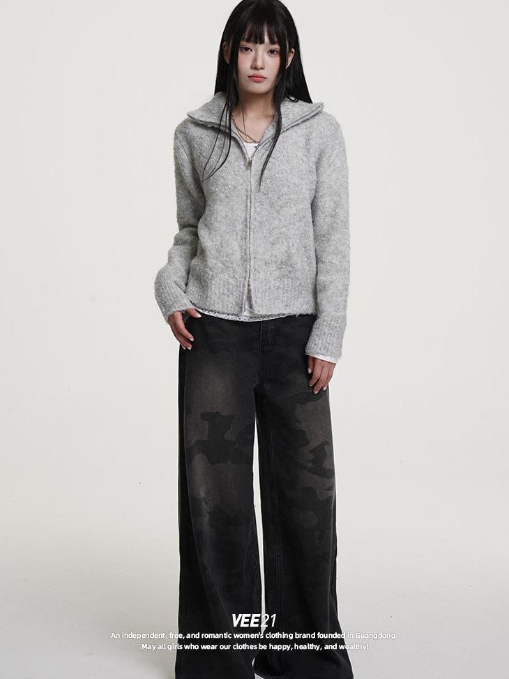 VEEMIX Gray Zip Up Stand Collar Thick Knit Women&