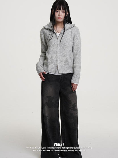 VEEMIX Gray Zip Up Stand Collar Thick Knit Women&
