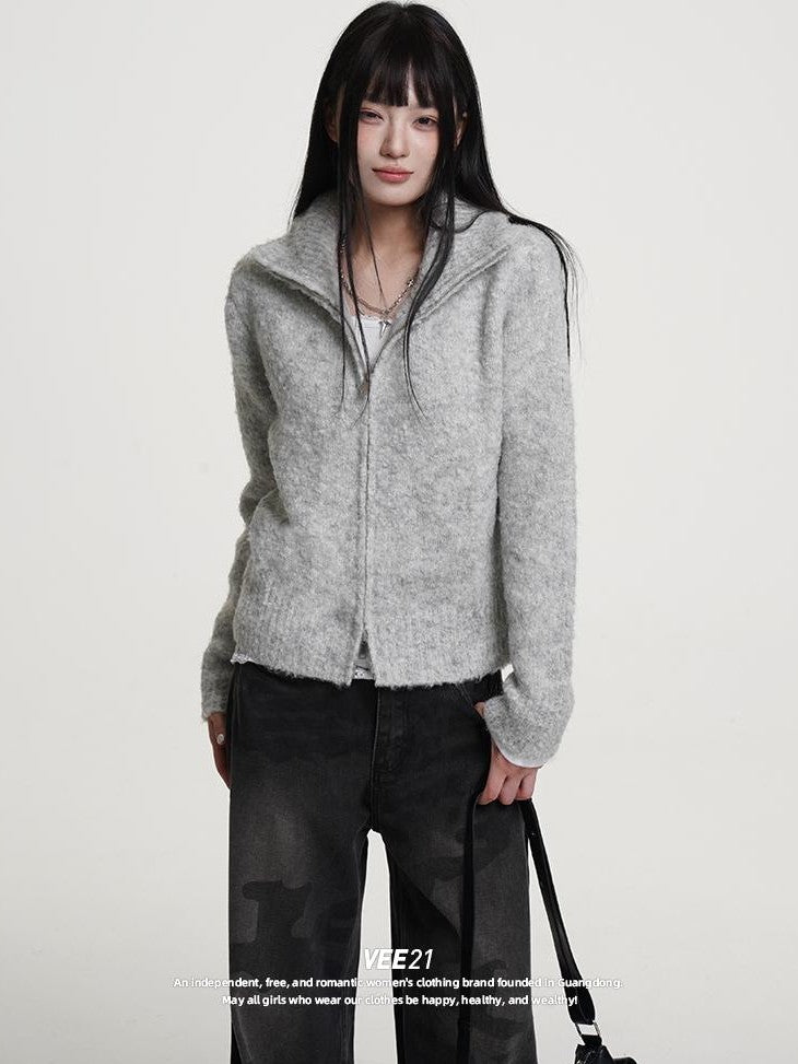 VEEMIX Gray Zip Up Stand Collar Thick Knit Women&