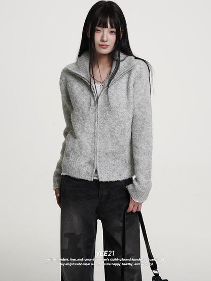 VEEMIX Gray Zip Up Stand Collar Thick Knit Women&