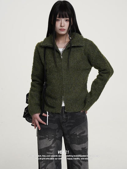 VEEMIX Gray Zip Up Stand Collar Thick Knit Women&