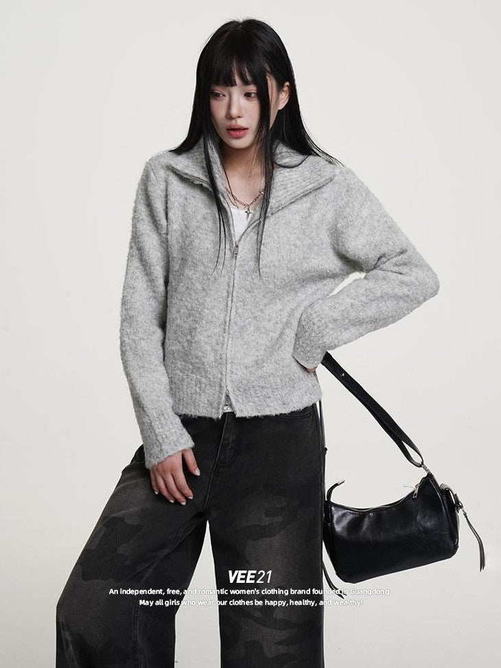 VEEMIX Gray Zip Up Stand Collar Thick Knit Women&