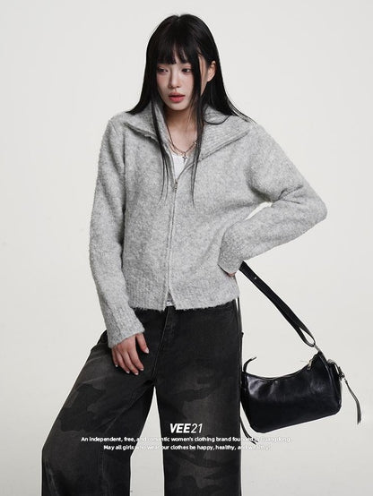 VEEMIX Gray Zip Up Stand Collar Thick Knit Women&
