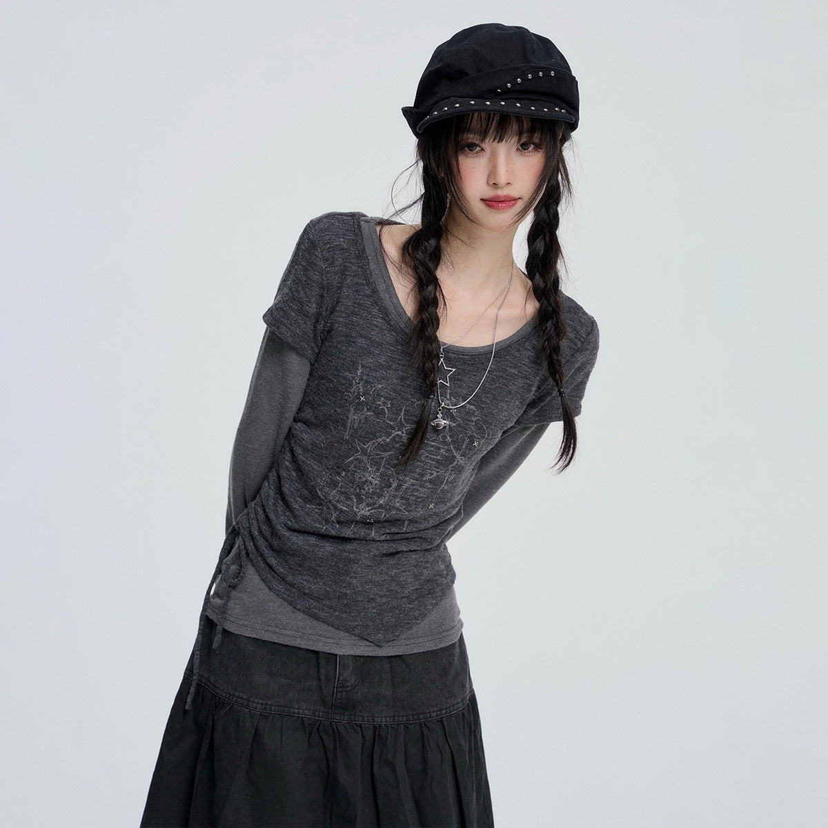 VEEMIX_Grey_Layered_Look_Drawstring_Ruched_Asymmetric_Women&