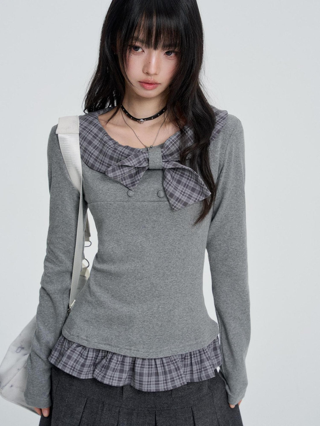 VEEMIX Grey Plaid Bow Patchwork Slim Fit Women&