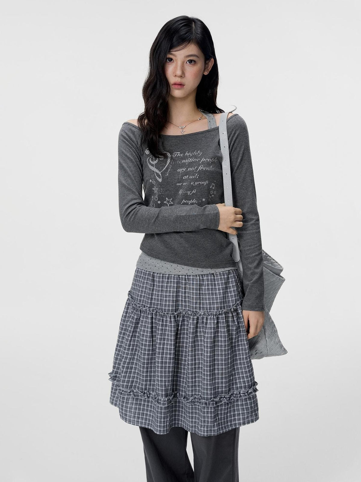 VEEMIX Grey Plaid Layered Look Women&