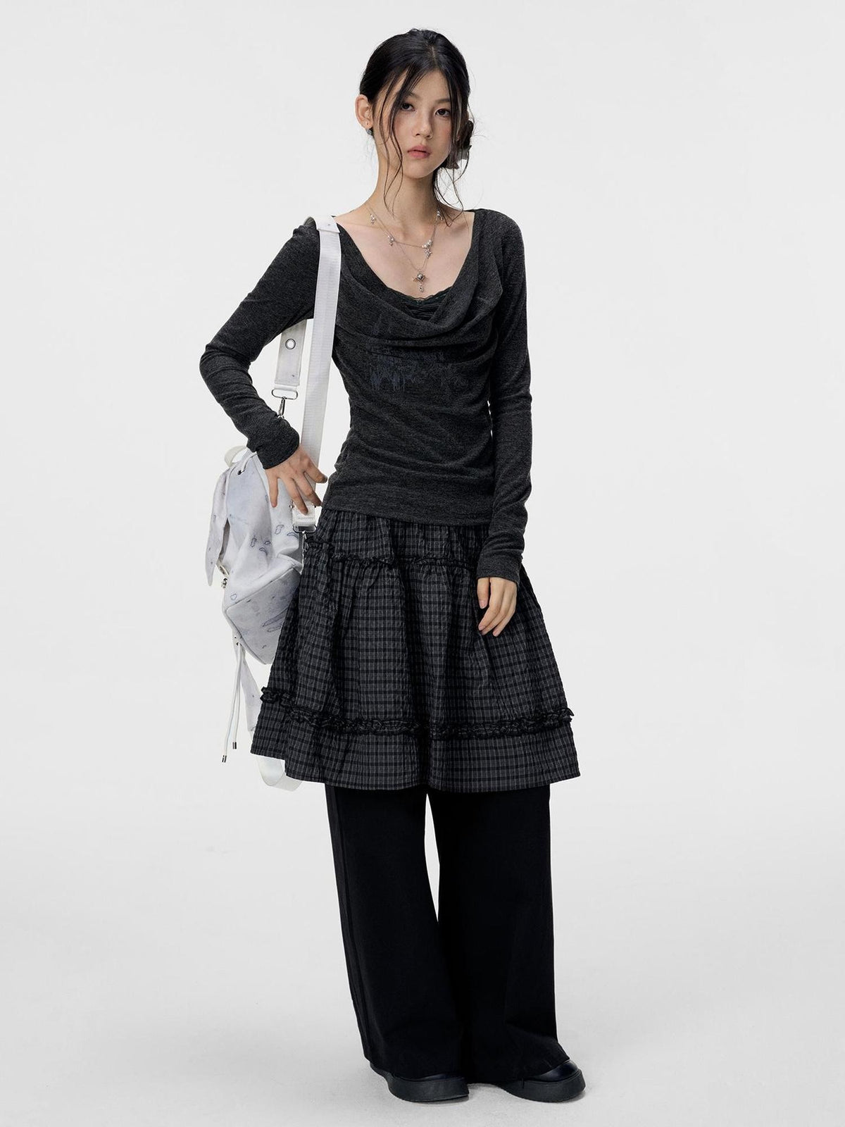 VEEMIX Grey Plaid Layered Look Women&