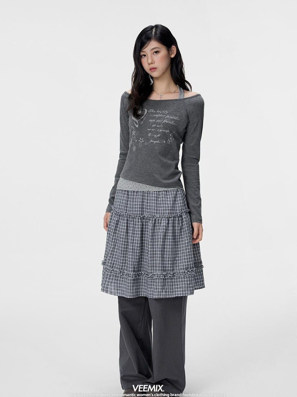VEEMIX Grey Plaid Layered Look Women&