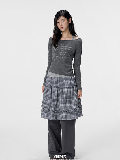 VEEMIX Grey Plaid Layered Look Women&