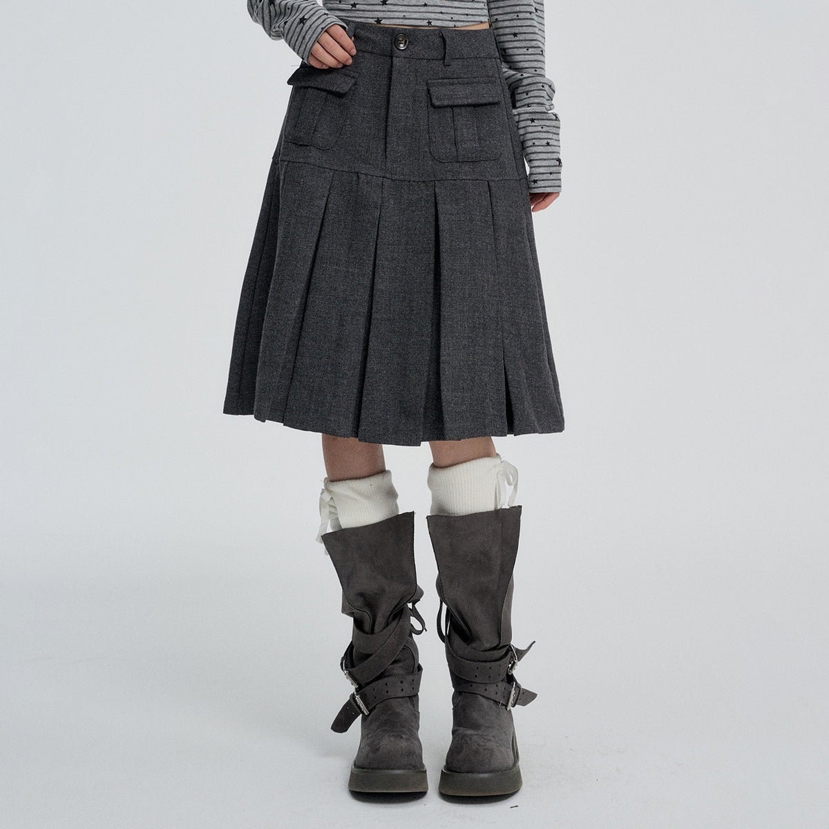 VEEMIX_Grey_Pleated_High_Waist_A_Line_Button_Front_Women&