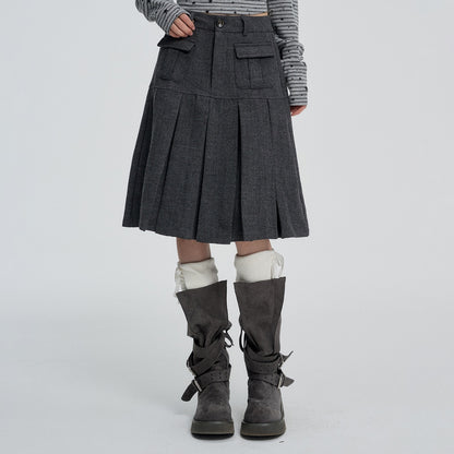 VEEMIX_Grey_Pleated_High_Waist_A_Line_Button_Front_Women&