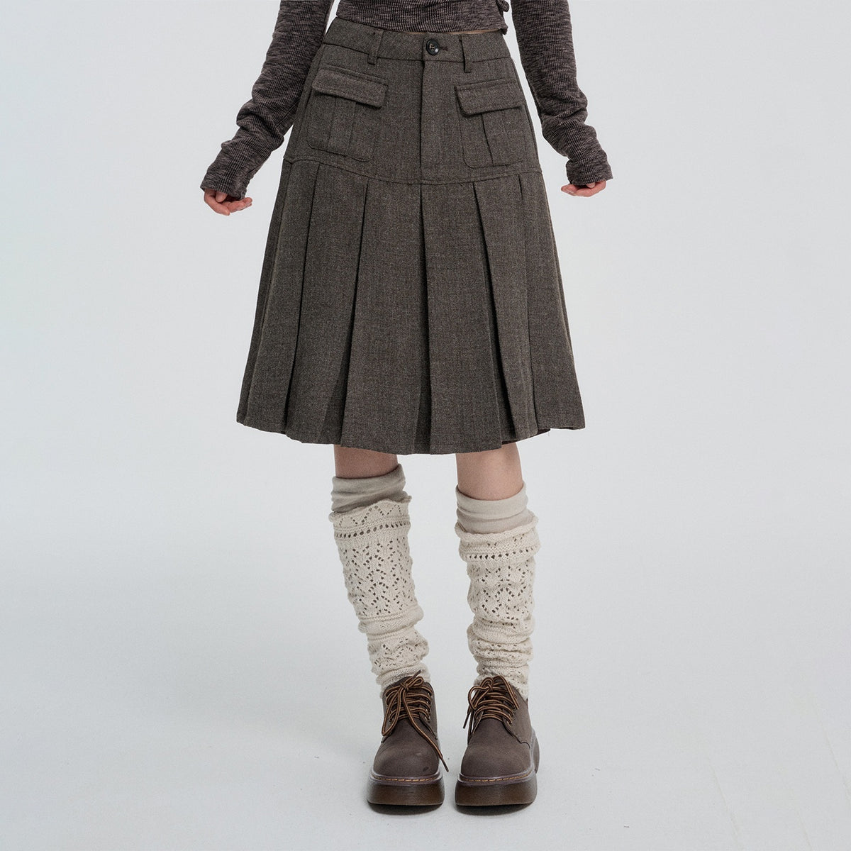 VEEMIX_Grey_Pleated_High_Waist_A_Line_Button_Front_Women&