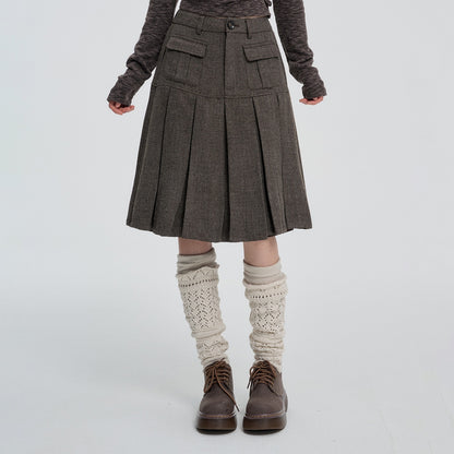 VEEMIX_Grey_Pleated_High_Waist_A_Line_Button_Front_Women&