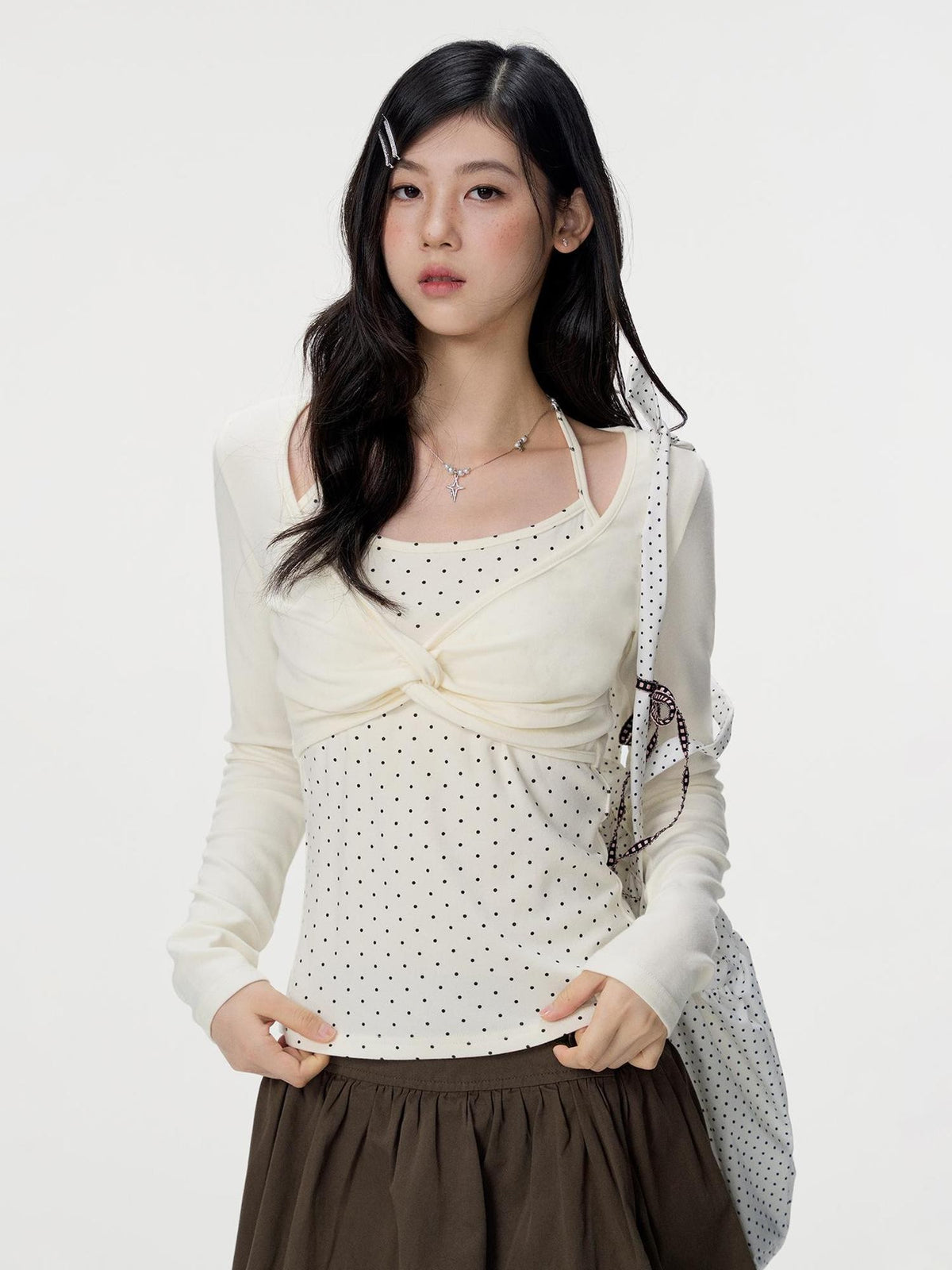 VEEMIX Grey Polka Dot Faux Two Piece Sweet Slim Fit Women&
