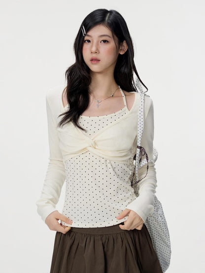 VEEMIX Grey Polka Dot Faux Two Piece Sweet Slim Fit Women&