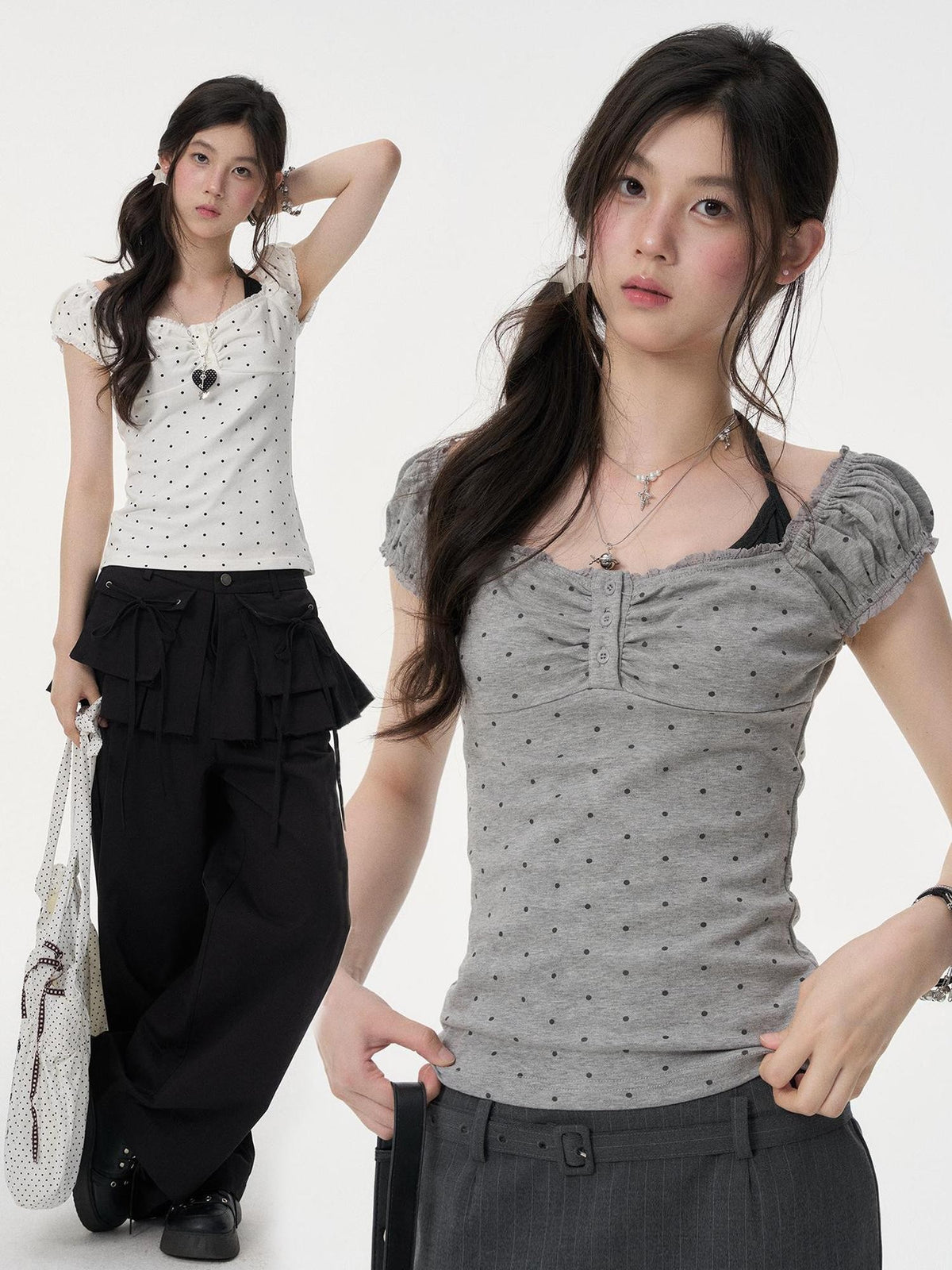 VEEMIX Grey Polka Dot Halter Neck Illusion Two Piece Puff Sleeve Women&