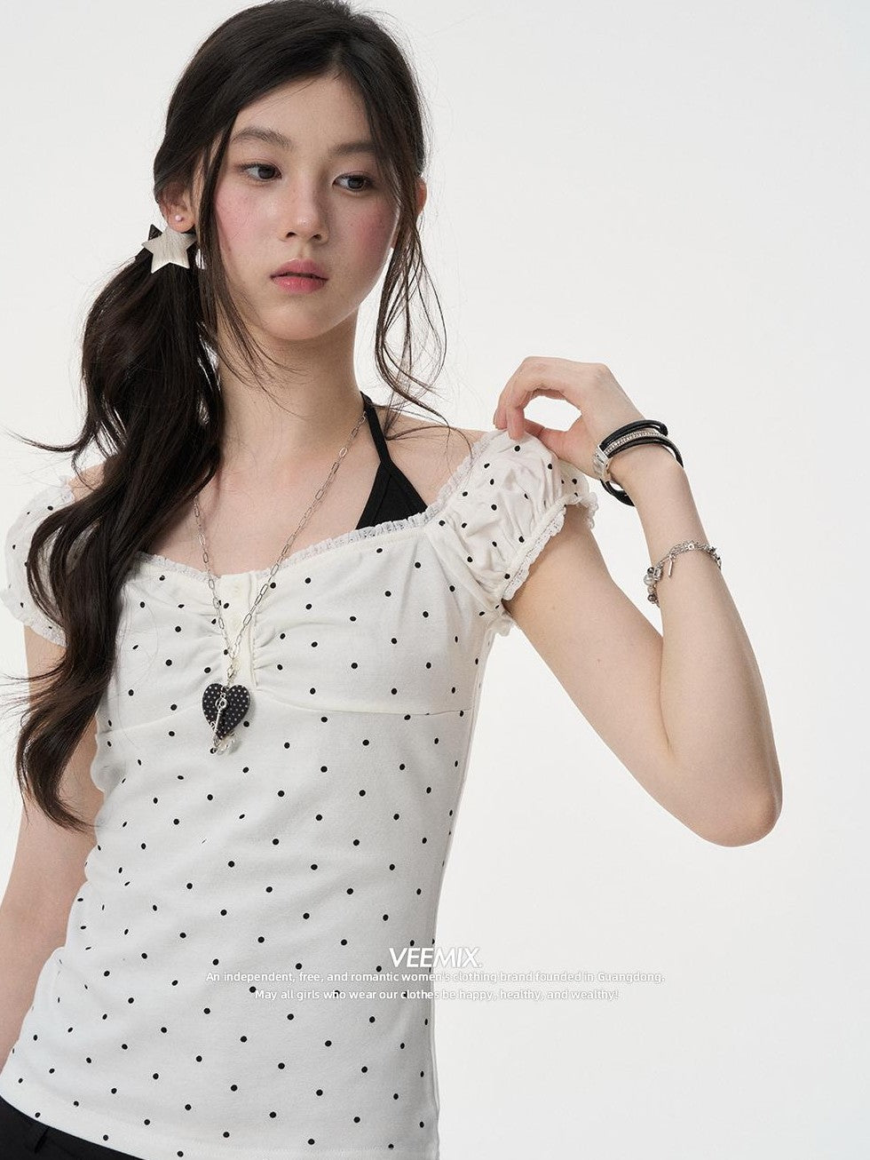 VEEMIX Grey Polka Dot Halter Neck Illusion Two Piece Puff Sleeve Women&