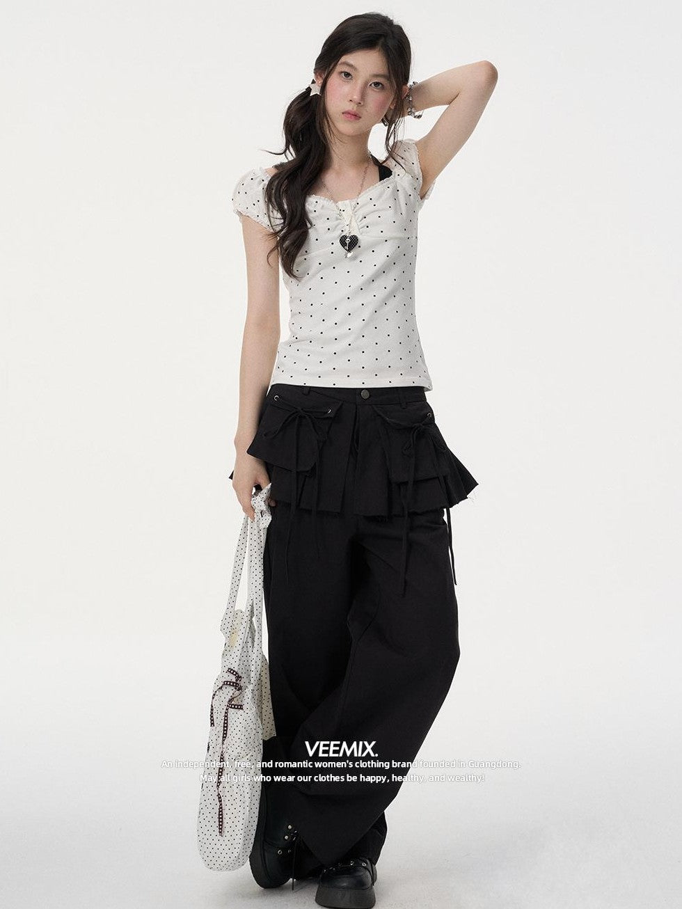 VEEMIX Grey Polka Dot Halter Neck Illusion Two Piece Puff Sleeve Women&