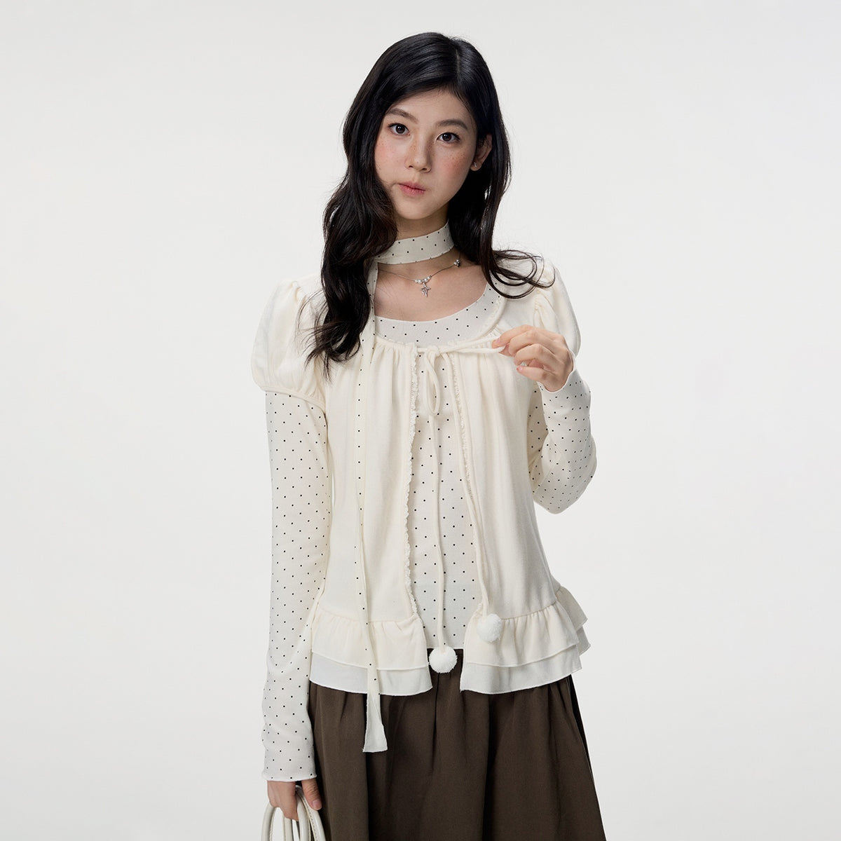 VEEMIX_Grey_Polka_Dot_Puff_Sleeve_Ruffle_Two_Piece_Women&