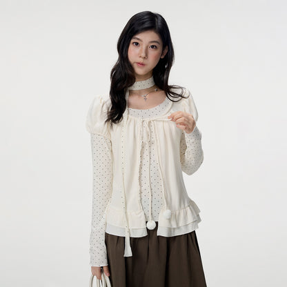 VEEMIX_Grey_Polka_Dot_Puff_Sleeve_Ruffle_Two_Piece_Women&