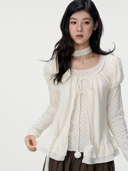 VEEMIX Grey Polka Dot Puff Sleeve Ruffle Two Piece Women&